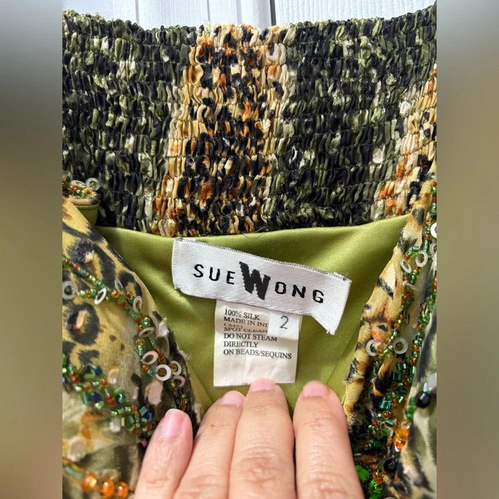Sue Wong Vintage Y2K Silk Leopard Print Green Mini Dress Beaded Details Size 2 - Picture 3 of 4